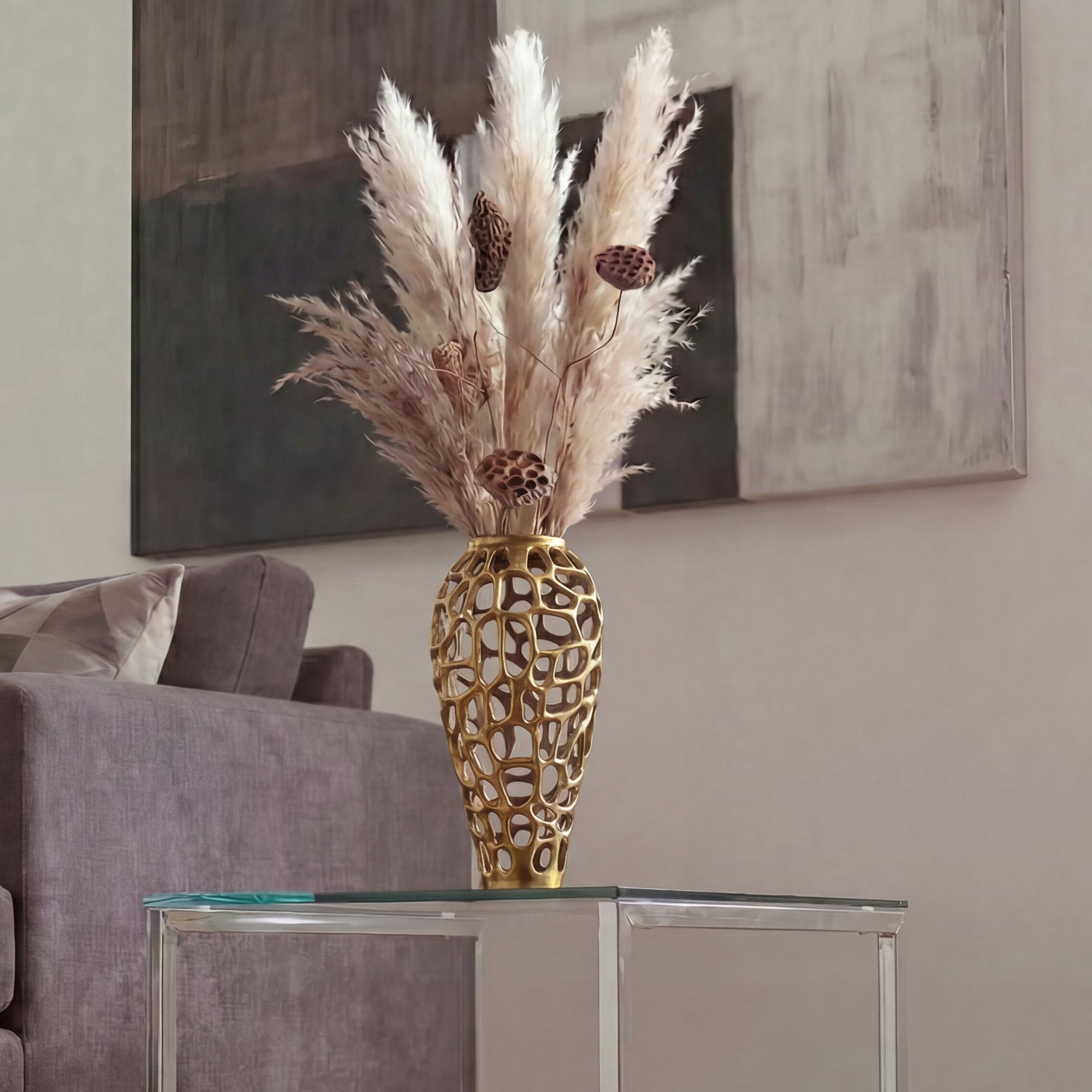FineBuy Bodenvase Aluminium Gold - Design Blumenvase Groß - Metallvase Modern - Dekovase rund für Trockenblumen - Standvase Hoch - Wohnzimmer Deko - Wohndeko Handmade