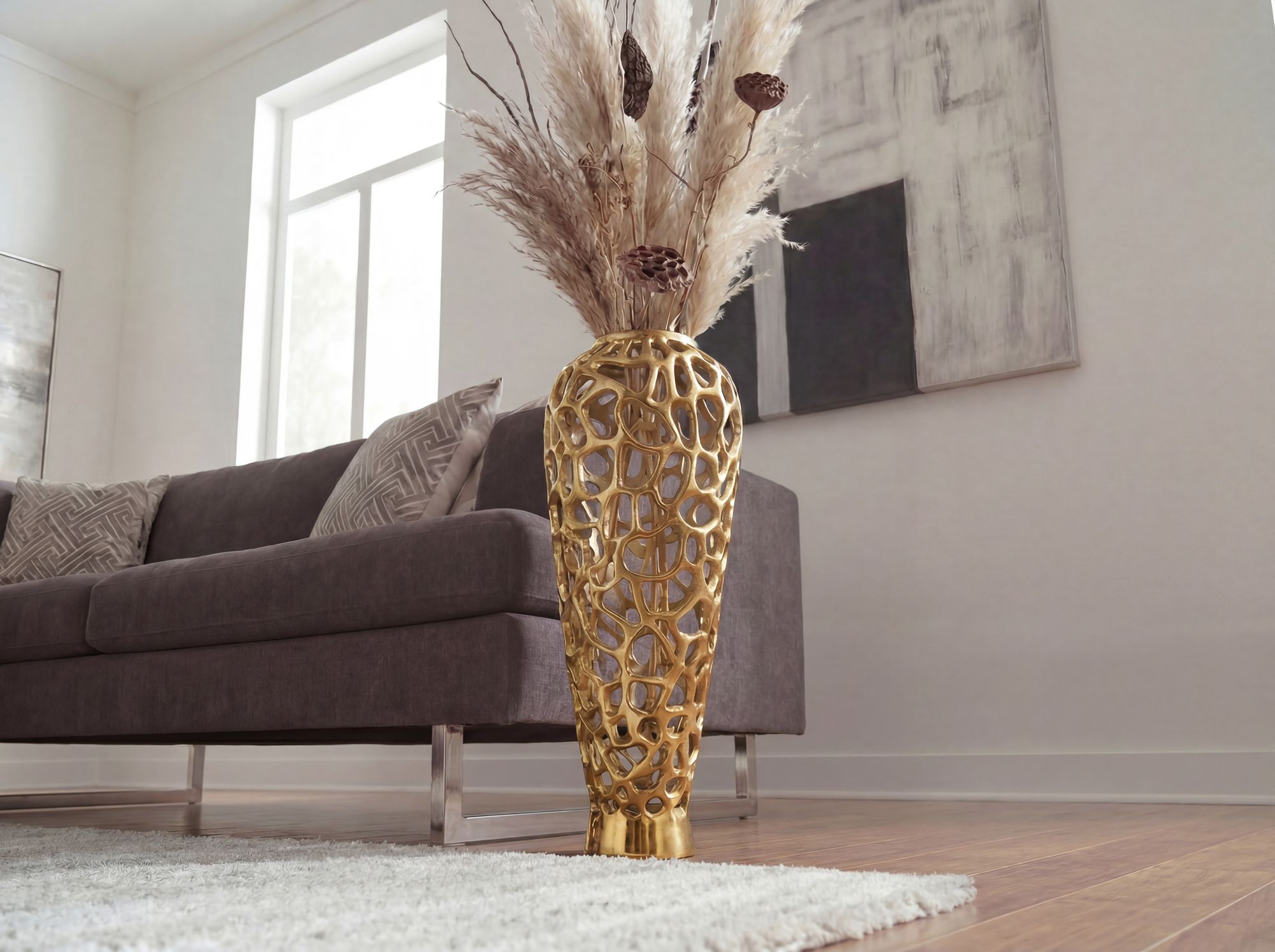 Vase Aluminium Gold Blumenvase Bodenvase Wohndeko Groß Rund Dekovase Handmade – Ansicht 5