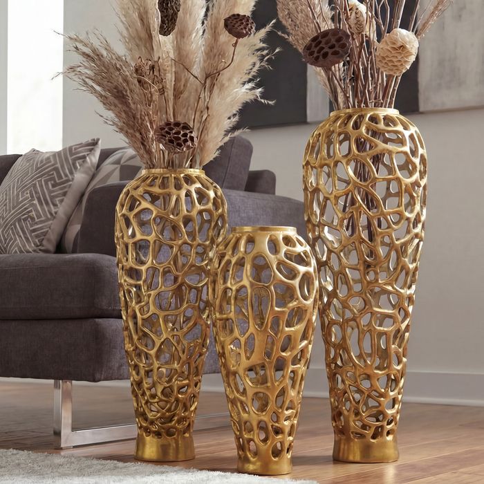 FineBuy Bodenvase Aluminium Gold - Design Blumenvase Groß - Metallvase Modern - Dekovase rund für Trockenblumen - Standvase Hoch - Wohnzimmer Deko - Wohndeko Handmade