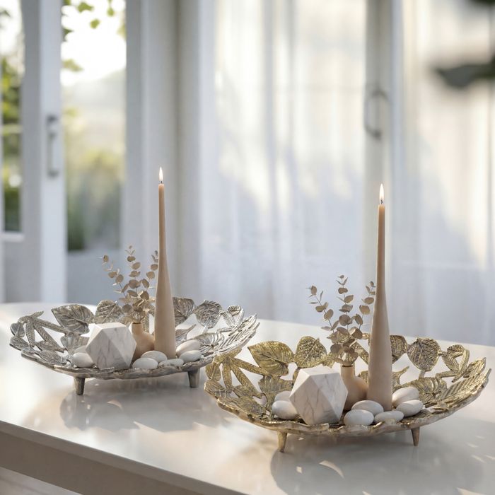 FineBuy Dekoschale Oval Schale Metall 49cm Tischdeko - Moderne Metallschale mit Fuß aus Aluminium in Blätter Optik - Elegante Aluschale - Alu Dekoteller Obstschale Handmade