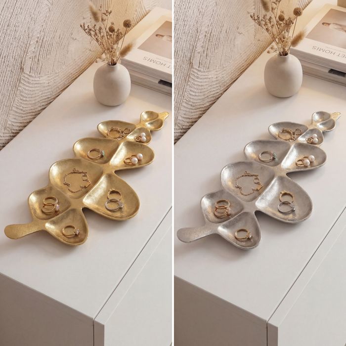 FineBuy Dekoschale Schale Metall 60,5cm Tischdeko - Moderne Metallschale aus Aluminium in Blattform - Elegante Aluschale - Alu Schmuckschale Handmade
