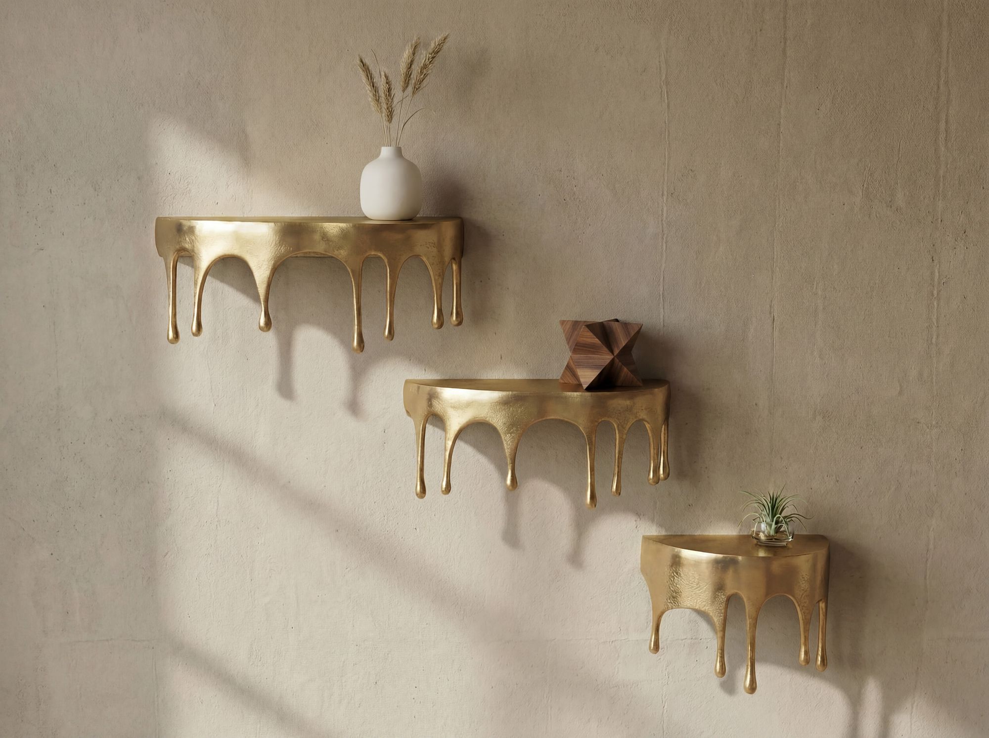 Wandregal 3er Set Aluminium Gold Tropfen Optik Hängeregal Schweberegal Wandboard – Ansicht 2
