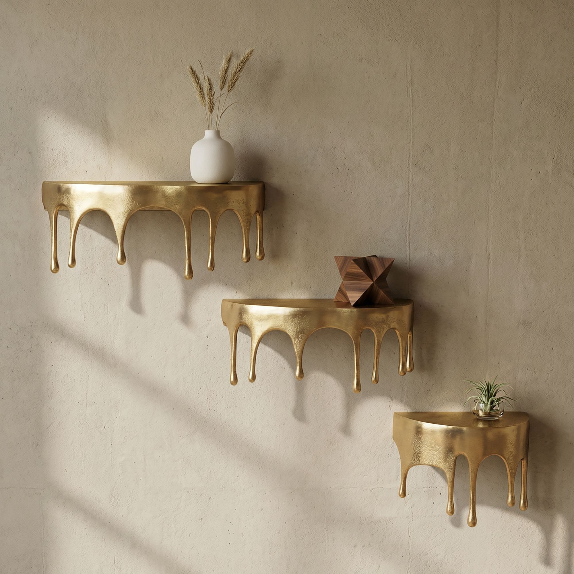 Wandregal 3er Set Aluminium Gold Tropfen Optik Hängeregal Schweberegal Wandboard – Ansicht 1