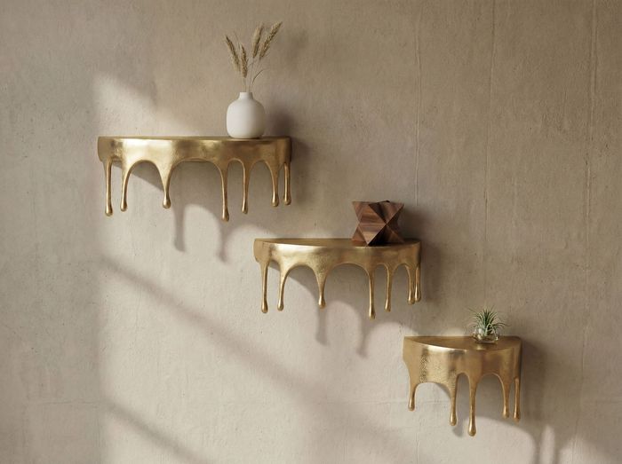 FineBuy Wandregal 3er Set Aluminium Gold Tropfen Optik - Ausgefallenes Hängeregal Metall - Design Drops Schweberegal Alu - Modernes Wandboard Dekoregal Handmade
