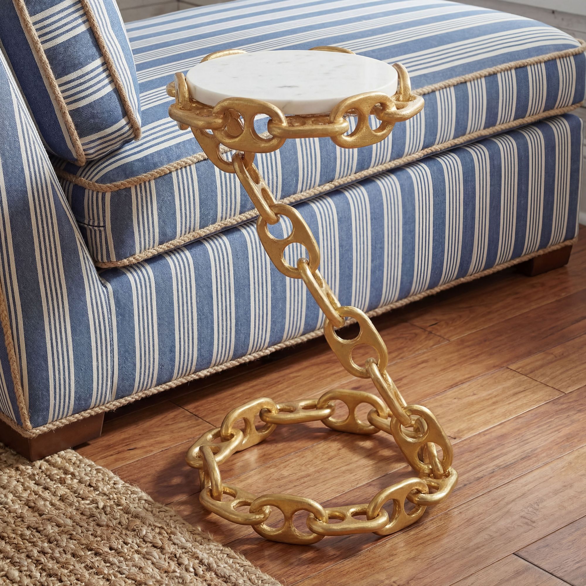 FineBuy Beistelltisch Metall mit weißer Marmor Tischplatte 31cm rund - Moderner Anstelltisch mit Kettengestell - Design Sofatisch - Loungetisch Couchtisch - Edler Wohnzimmertisch Handmade | Farbe: Gold