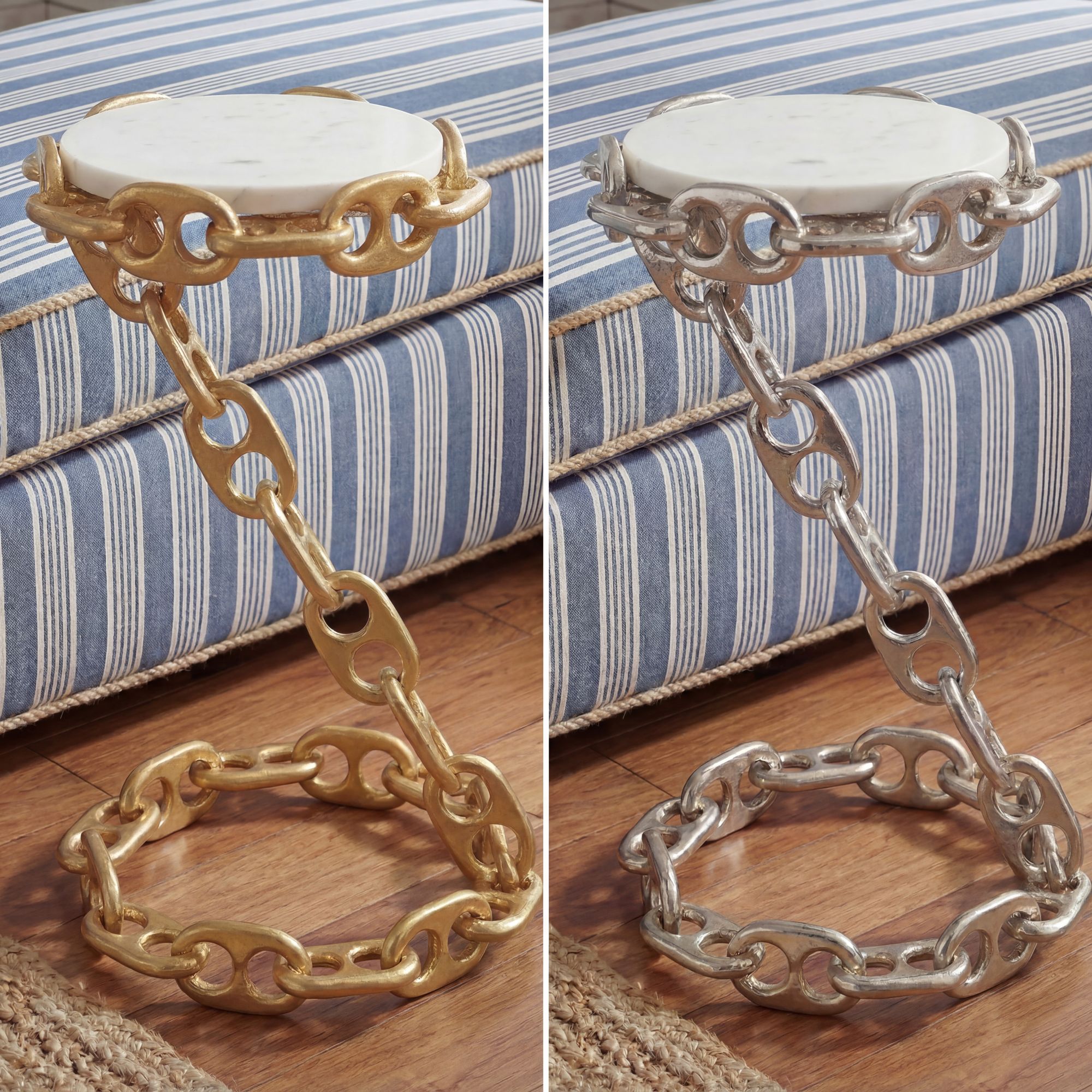 FineBuy Beistelltisch Metall mit weißer Marmor Tischplatte 31cm rund - Moderner Anstelltisch mit Kettengestell - Design Sofatisch - Loungetisch Couchtisch - Edler Wohnzimmertisch Handmade | Farbe: Gold