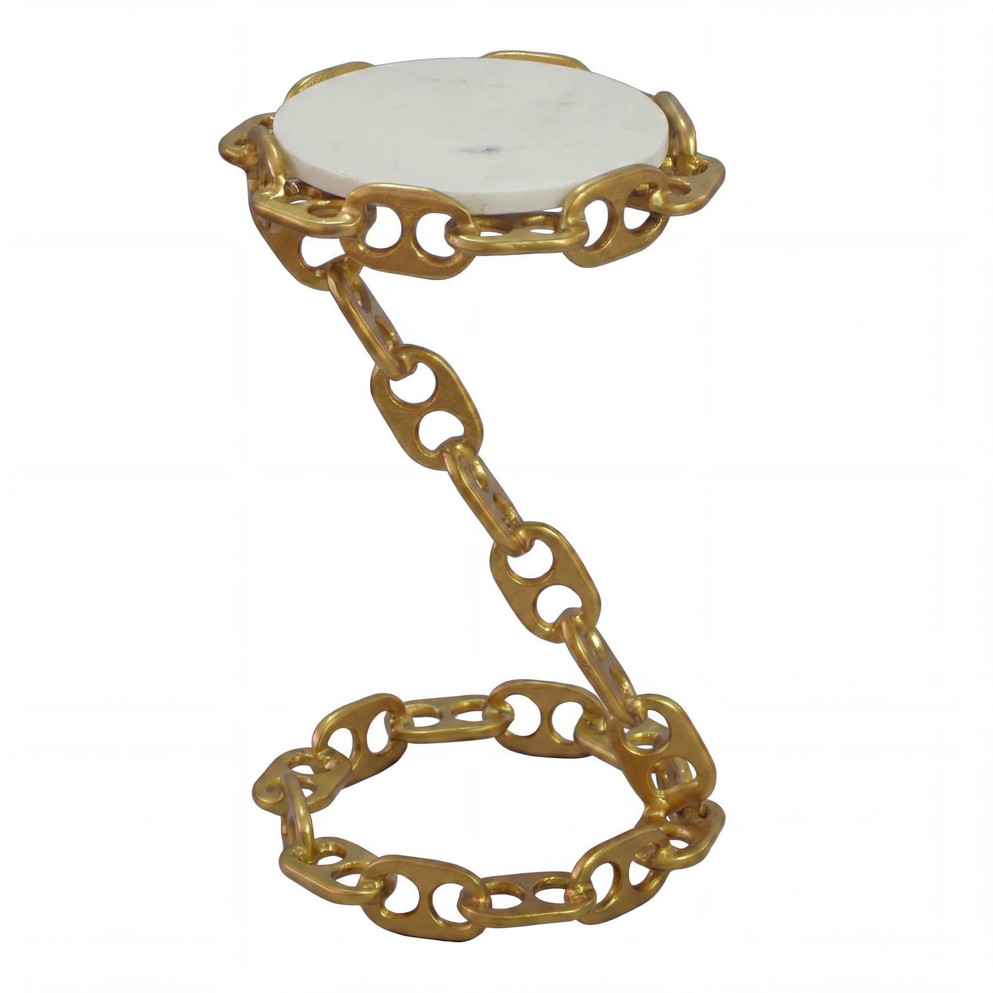 FineBuy Beistelltisch Metall mit weißer Marmor Tischplatte 31cm rund - Moderner Anstelltisch mit Kettengestell - Design Sofatisch - Loungetisch Couchtisch - Edler Wohnzimmertisch Handmade | Farbe: Gold