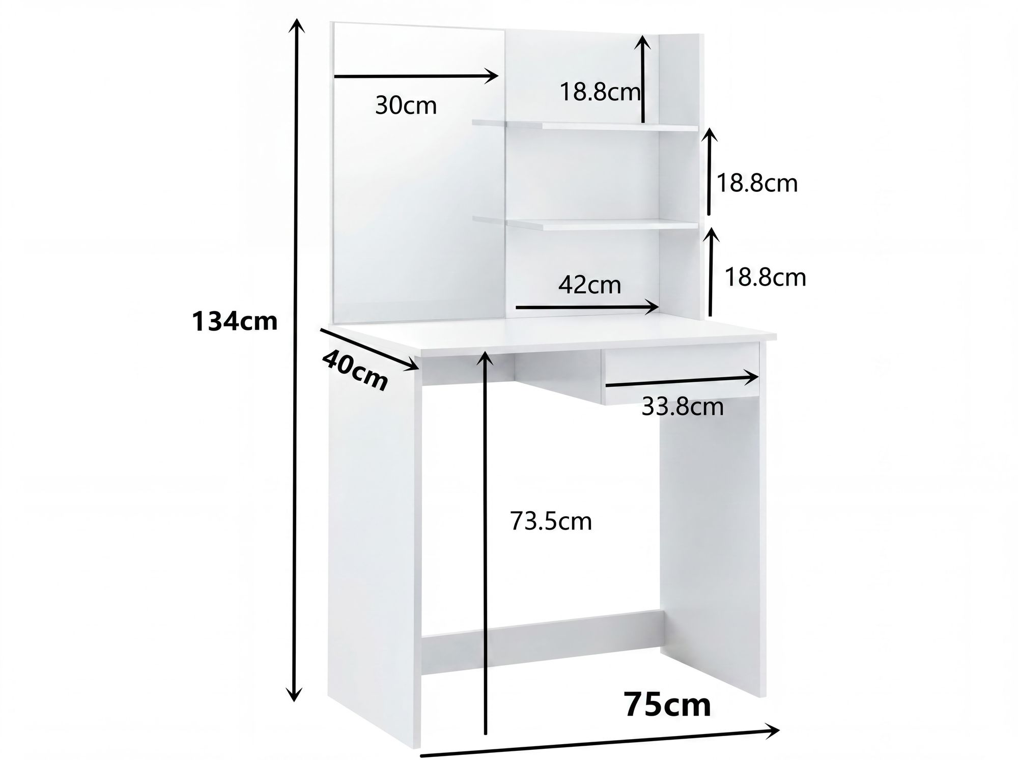 Schminktisch 75cm Kosmetiktisch Frisiertisch Weiß Spiegel Make-Up-Tisch Regal – Ansicht 3
