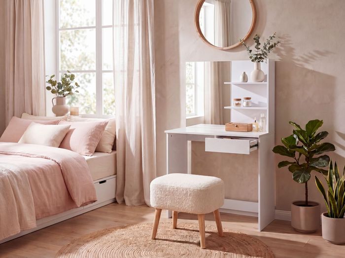 FineBuy Schminktisch 75cm Weiß Kosmetiktisch Modern - Frisiertisch mit Spiegel und Regal - Weiße Frisierkommode mit Schublade - Moderner Make-Up-Tisch Groß