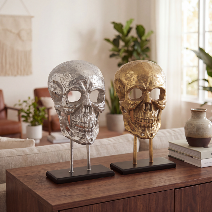 FineBuy Standdeko Totenkopf Aluminium 57 cm Schädel Groß - Design Standdekoration Metall Deko Alu Modern - Wohndeko Skull mit Gestell - Dekoration Wohnaccessoire Handmade