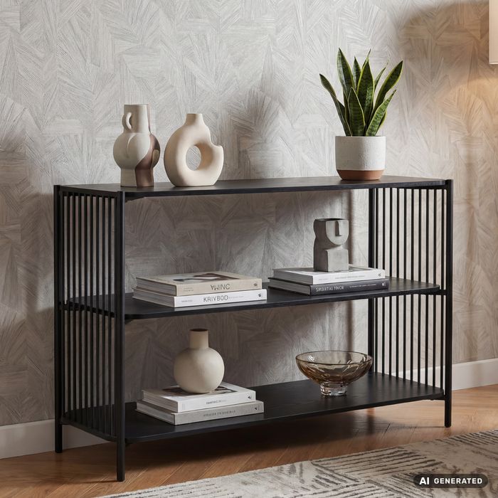 FineBuy Standregal 120cm MDF Metall Schwarz - Bücherregal Rechteckig - Regal mit 3 Ebenen - Konsole für Wohnzimmer & Flur - Ordnerregal Home Office - Offenes Sideboard