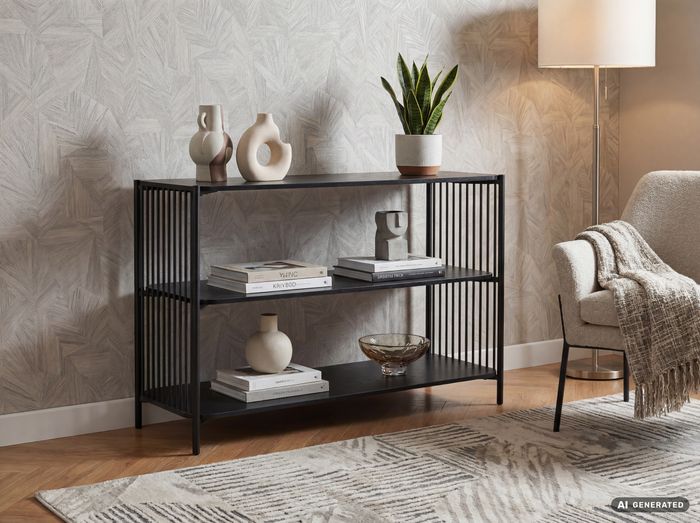 FineBuy Standregal 120cm MDF Metall Schwarz - Bücherregal Rechteckig - Regal mit 3 Ebenen - Konsole für Wohnzimmer & Flur - Ordnerregal Home Office - Offenes Sideboard