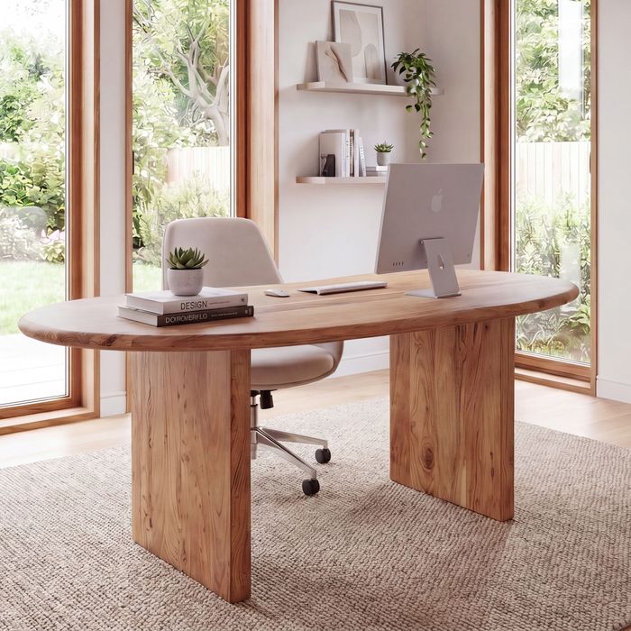 FineBuy Schreibtisch 180x90x76 cm Akazie Massivholz Computertisch Retro - Homeoffice Bürotisch Massiv Nierenform in Hellbraun - Holztisch Laptoptisch Arbeitszimmer Handmade