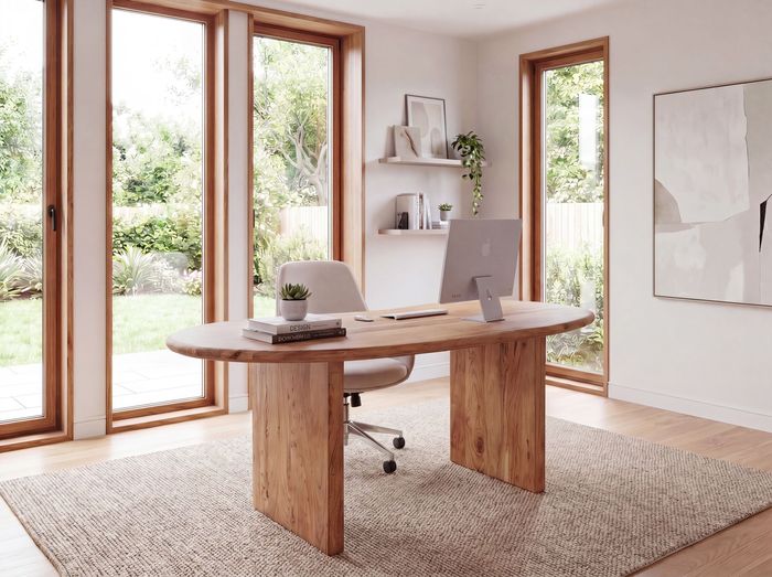 FineBuy Schreibtisch 180x90x76 cm Akazie Massivholz Computertisch Retro - Homeoffice Bürotisch Massiv Nierenform in Hellbraun - Holztisch Laptoptisch Arbeitszimmer Handmade