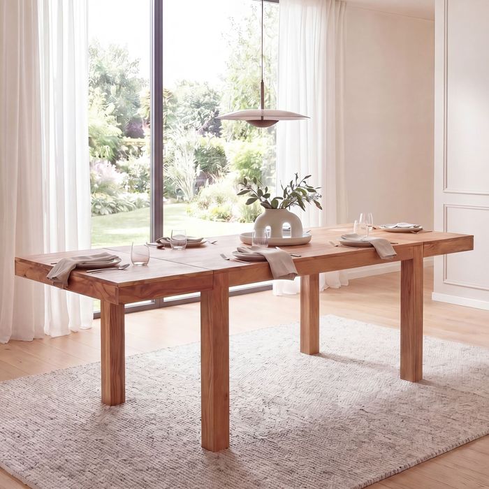 FineBuy Esszimmertisch 120 - 200 cm Akazie Massivholz Zeitlos - Küchentisch Verlängerbar 10 Personen - Speisetisch Groß Rechteckig Schlicht - Holztisch Esszimmer Handmade