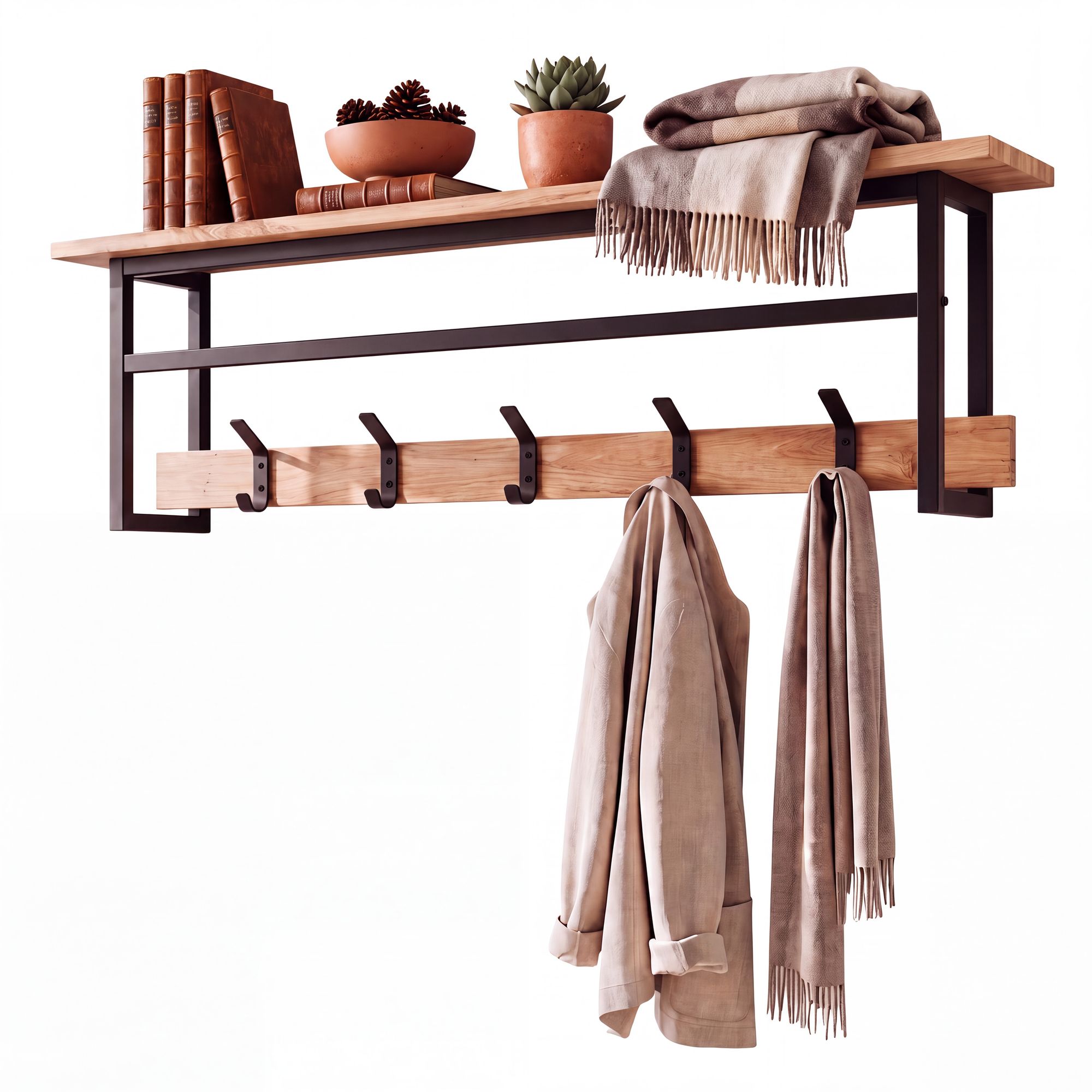 Wandgarderobe Akazie skandinavisch mit 5 Haken