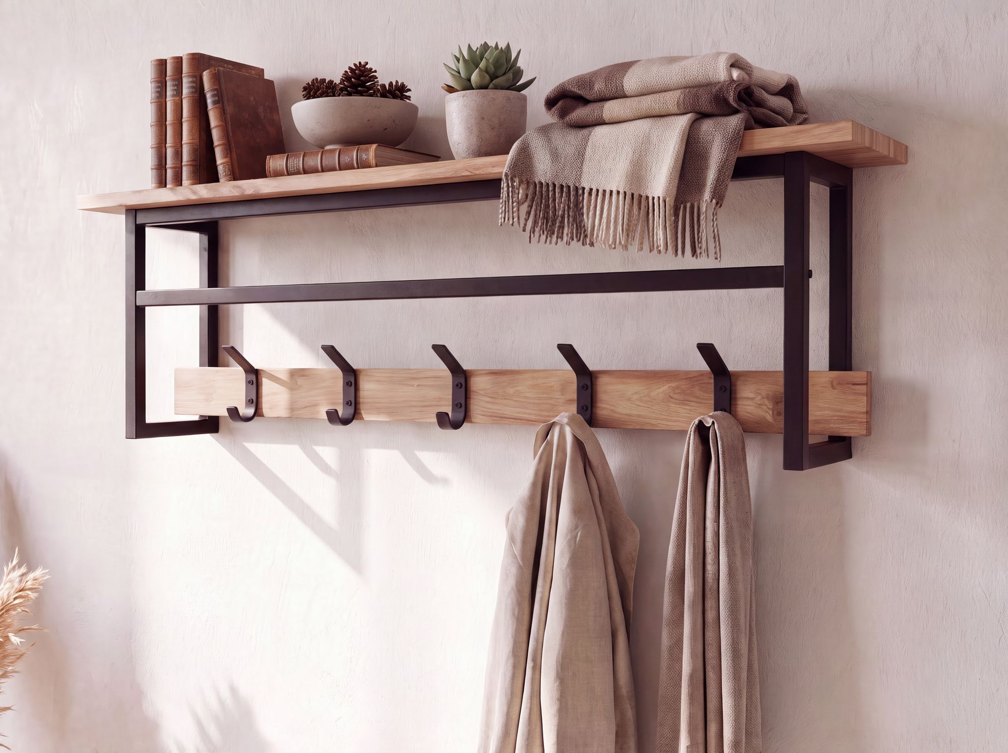 Wandgarderobe Massivholz 100cm Hängegarderobe Flurgarderobe mit Ablage 5 Haken – Ansicht 5