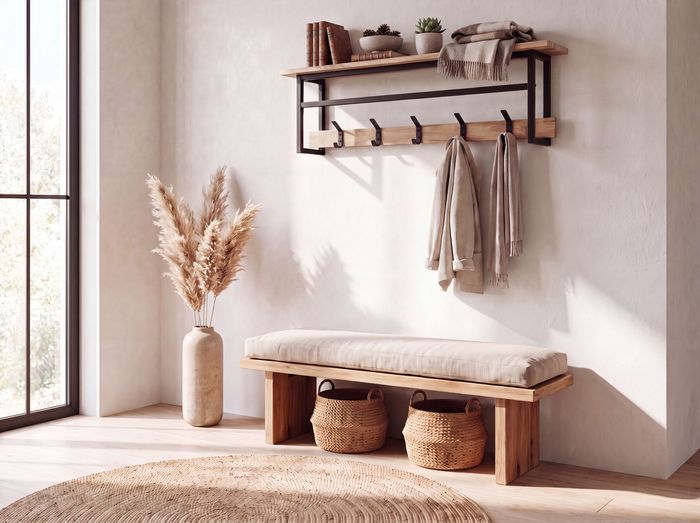 FineBuy Wandgarderobe Akazie Massivholz 100cm mit Ablage - Modernes Garderobenpaneel Hängegarderobe mit 5 Haken und Kleiderstange - Garderobenleiste Flurgarderobe Massiv Handmade
