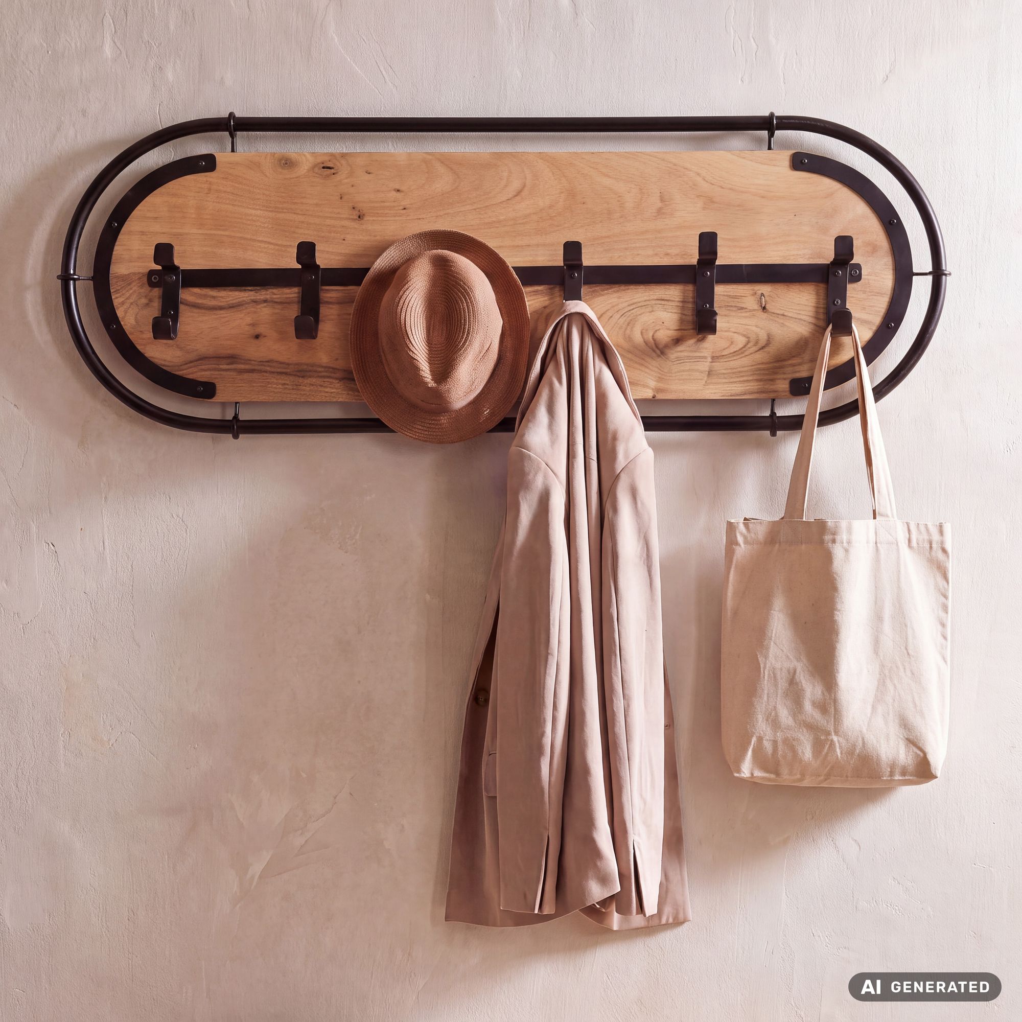 FineBuy Wandgarderobe Akazie Massivholz - Modernes Garderobenpaneel Hängegarderobe mit Haken - Garderobenleiste Flurgarderobe Massiv Handmade