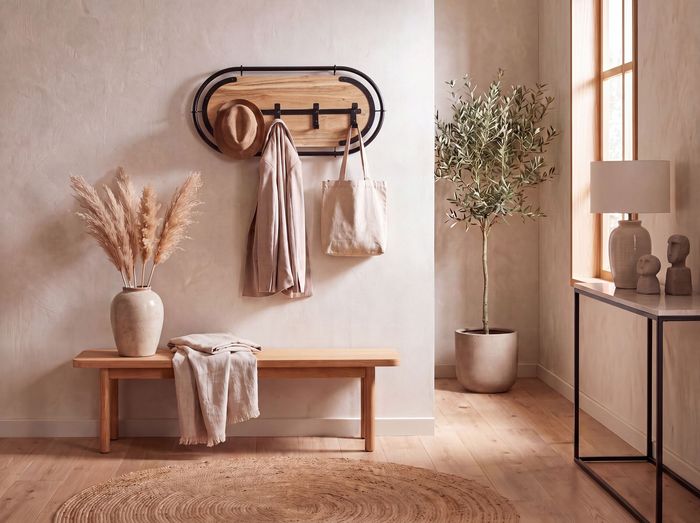FineBuy Wandgarderobe Akazie Massivholz - Modernes Garderobenpaneel Hängegarderobe mit Haken - Garderobenleiste Flurgarderobe Massiv Handmade