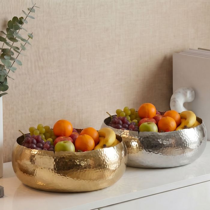 FineBuy Obstschale Rund Schale Metall 35cm Tischdeko - Moderner Obstkorb Hammerschlag aus Aluminium - Elegante Alu Früchteschale Handmade