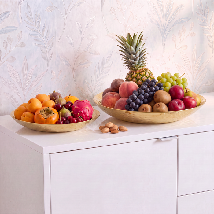 FineBuy Obstschale Rund Gold Schale Metall Tischdeko - Moderner Obstkorb Hammerschlag aus Aluminium - Elegante Alu Früchteschale Handmade