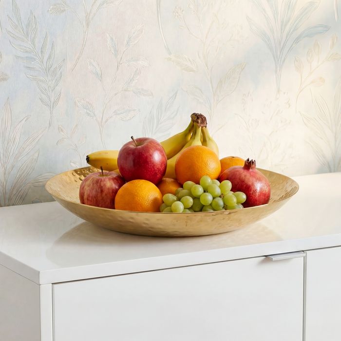 FineBuy Obstschale Rund Gold Schale Metall Tischdeko - Moderner Obstkorb Hammerschlag aus Aluminium - Elegante Alu Früchteschale Handmade