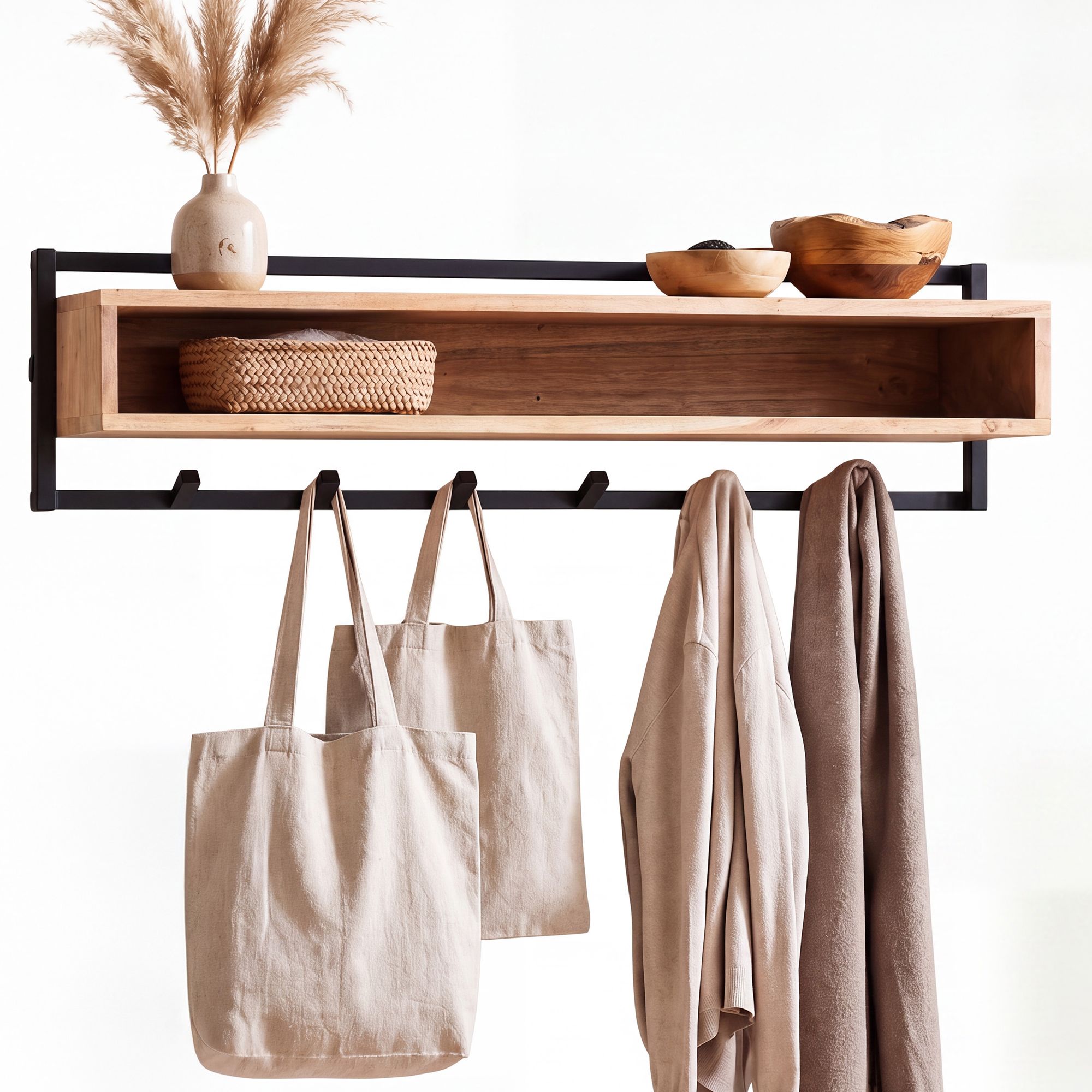 Wandgarderobe Akazie Industrial mit 6 Haken