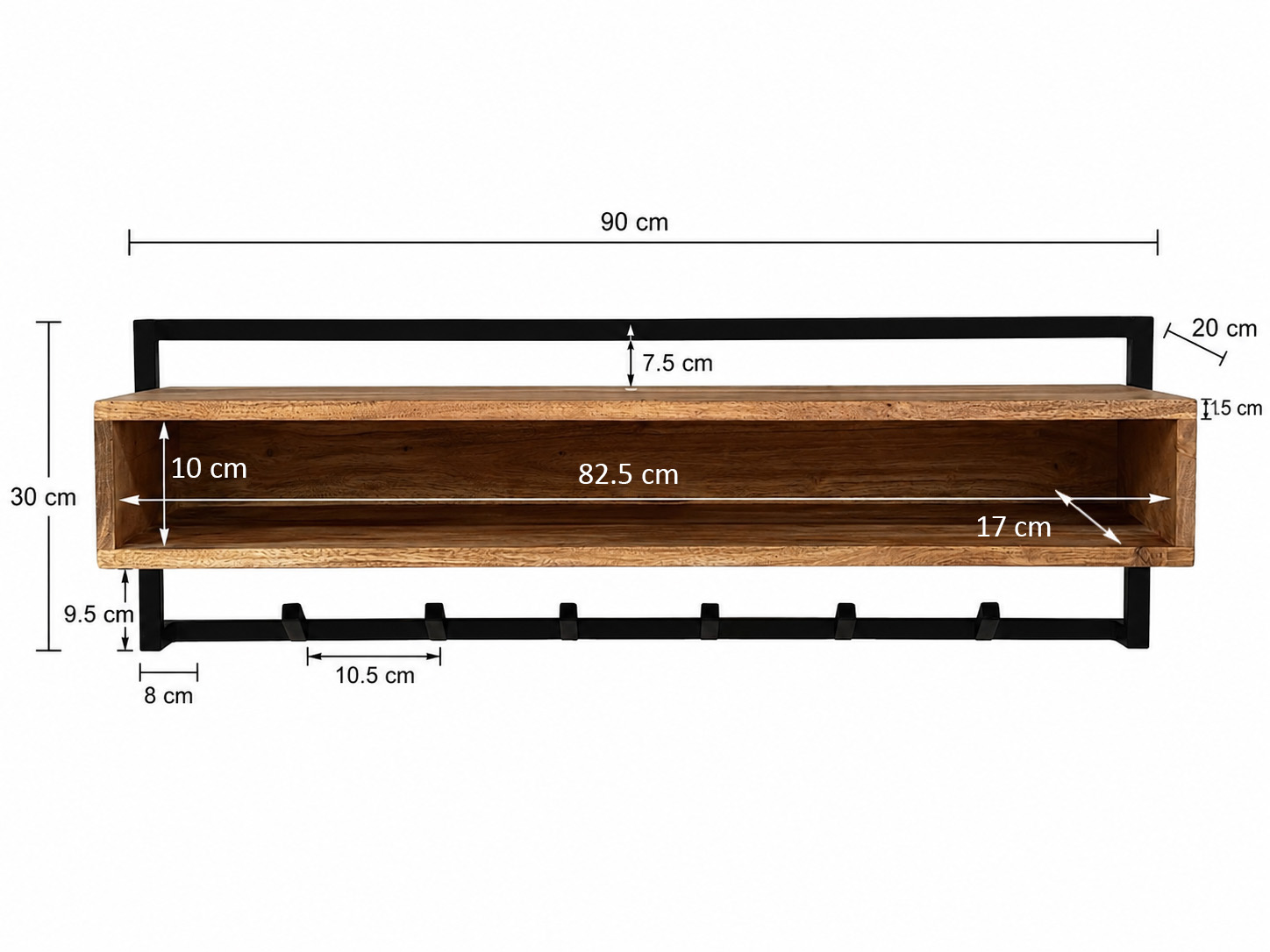 Wandgarderobe Massivholz 90cm Hängegarderobe Flurgarderobe mit Ablage 6 Haken – Ansicht 3