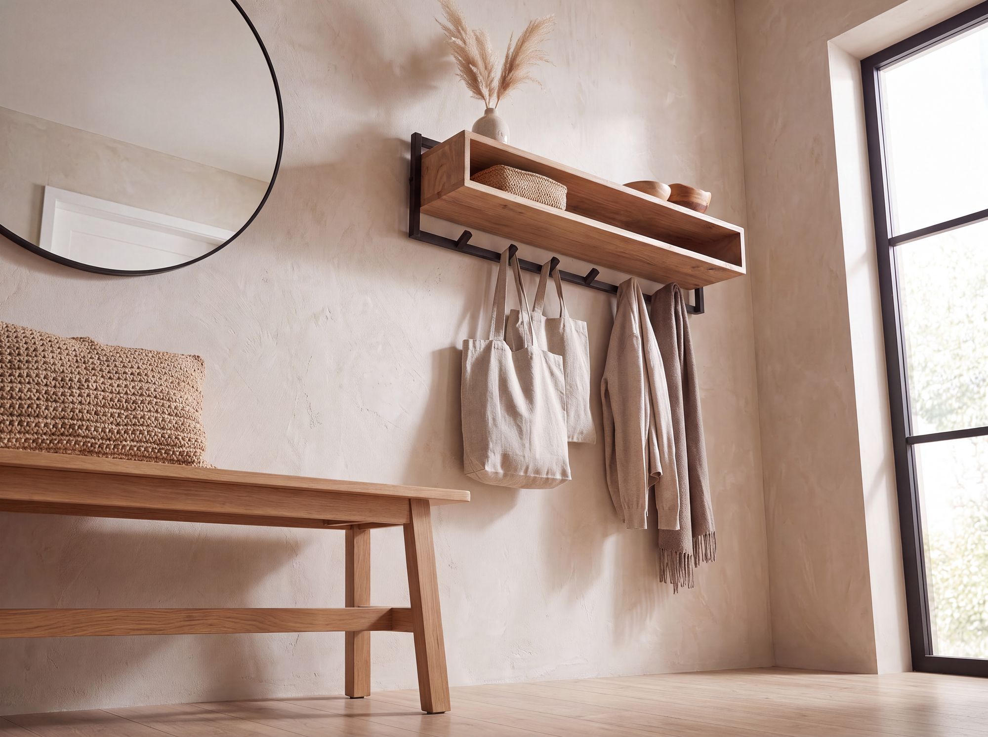 Wandgarderobe Massivholz 90cm Hängegarderobe Flurgarderobe mit Ablage 6 Haken – Ansicht 5