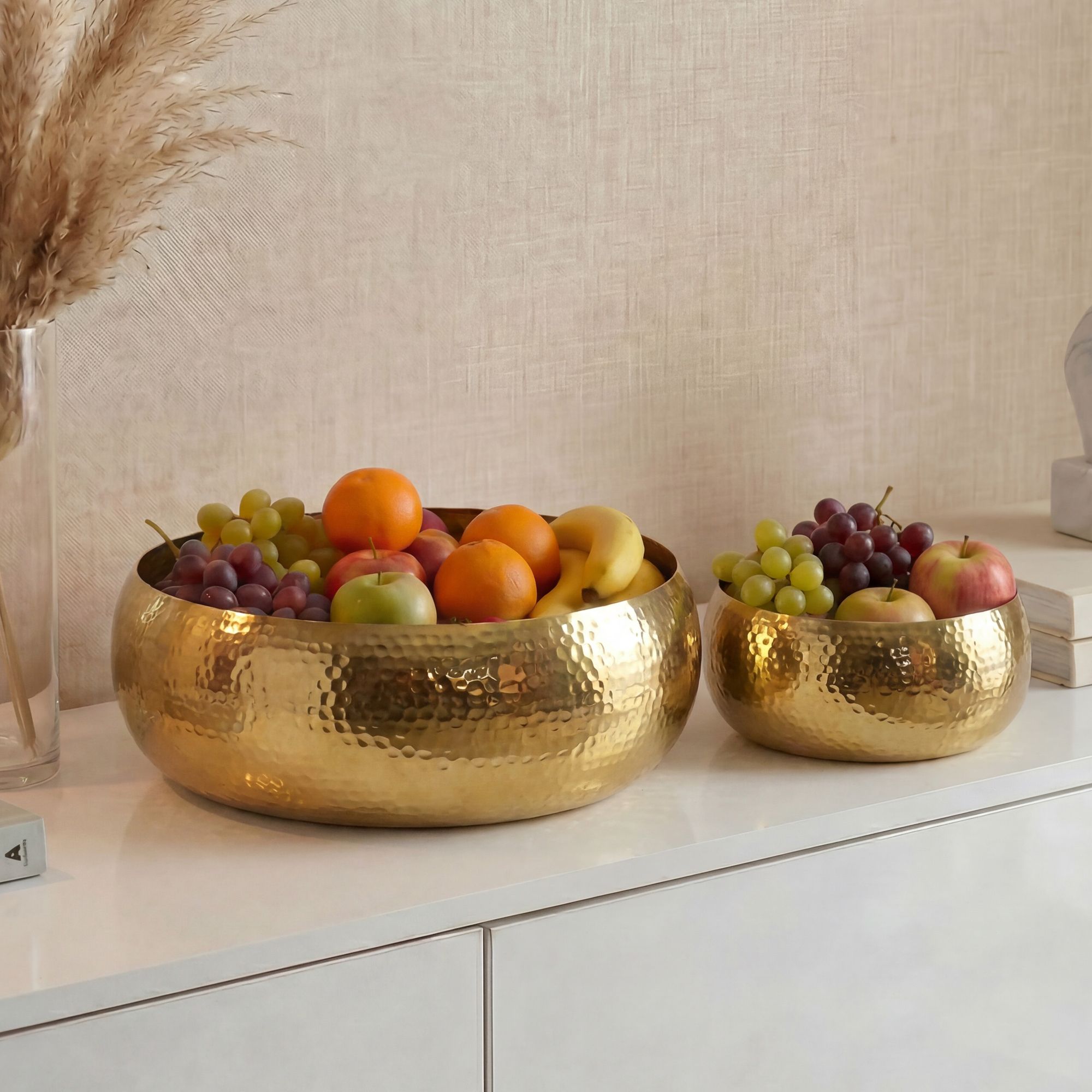 FineBuy Obstschale 2er Set Rund Schale Metall 36cm Tischdeko - Moderner Obstkorb Hammerschlag aus Aluminium - Elegante Alu Früchteschale Handmade
