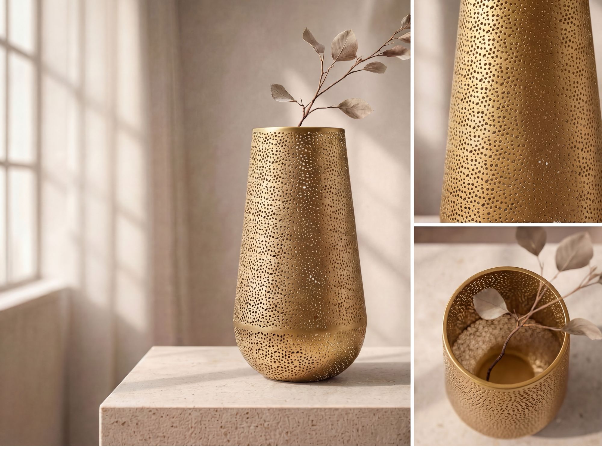 FineBuy Dekovase Metall 47cm - Design Blumenvase Groß - Metallvase Modern - Bodenvase rund für Trockenblumen - Standvase Hoch - Wohnzimmer Deko - Wohndeko Handmade | Farbe: Silber
