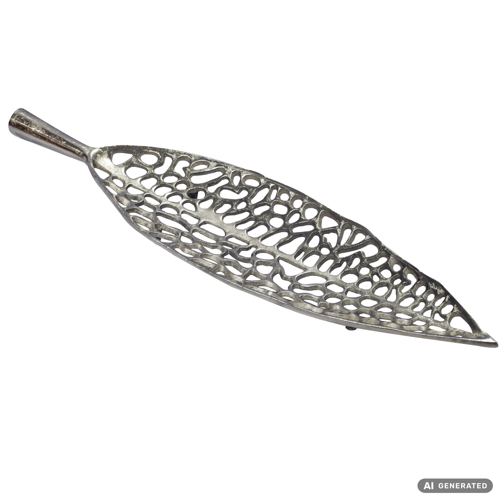 FineBuy Dekoschale Blatt Aluminium Schale 63cm - Design Tischdeko Leaf Metall Wohnzimmer mit Beinen - Alu Wohnaccessoire Modern - Metallschale Dekoration - Aluschale lang Handmade