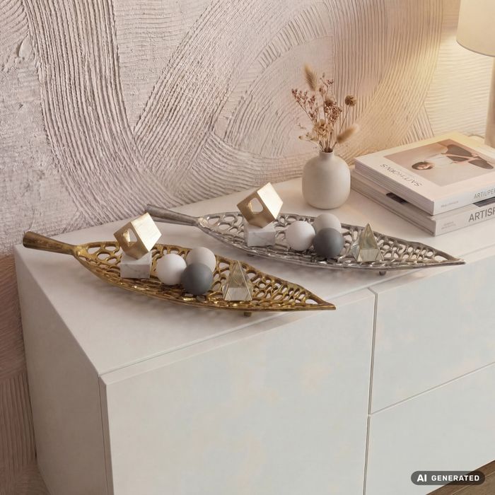 FineBuy Dekoschale Blatt Aluminium Schale 63cm - Design Tischdeko Leaf Metall Wohnzimmer mit Beinen - Alu Wohnaccessoire Modern - Metallschale Dekoration - Aluschale lang Handmade