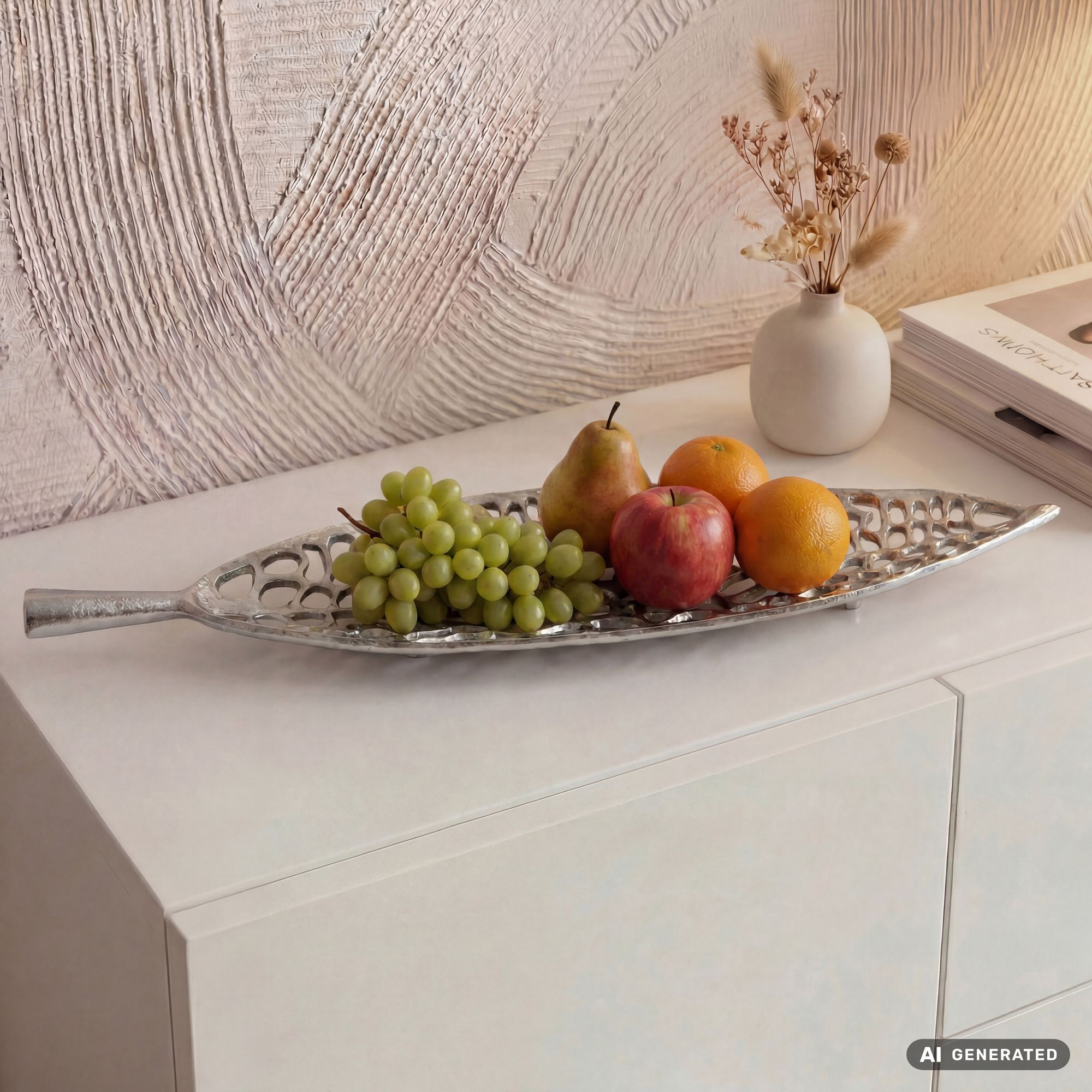 Obstschale Früchteschale Aluminium Schale 63cm Dekoschale Metall Leaf Handmade – Ansicht 1