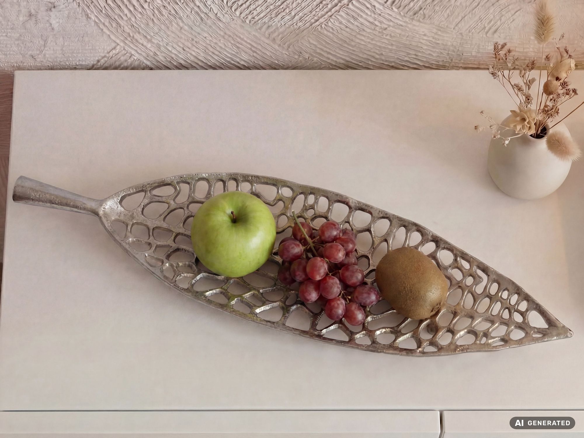 Obstschale Früchteschale Aluminium Schale 63cm Dekoschale Metall Leaf Handmade – Ansicht 4