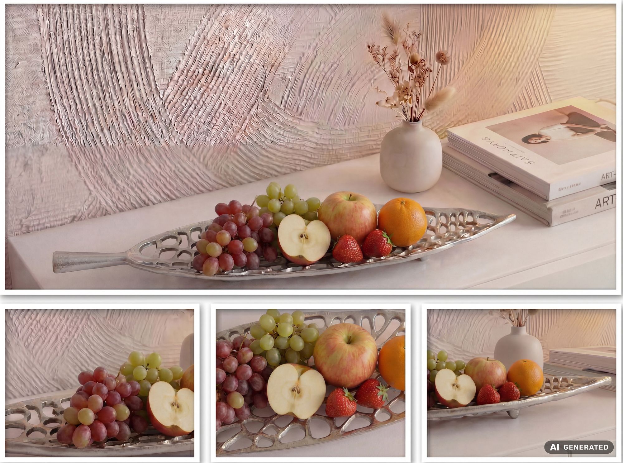 Obstschale Früchteschale Aluminium Schale 63cm Dekoschale Metall Leaf Handmade – Ansicht 5