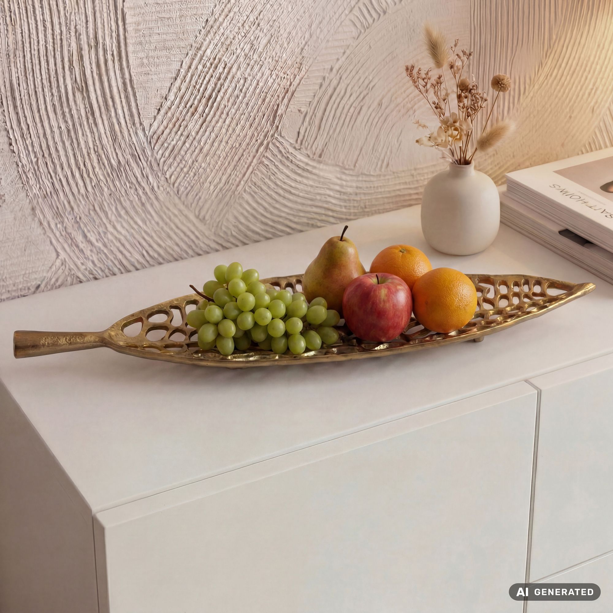 FineBuy Obstschale Blatt Schale Metall 63cm Tischdeko - Moderner Obstkorb Leaf aus Aluminium - Elegante Dekoschale - Alu Früchteschale Handmade | Farbe: Silber