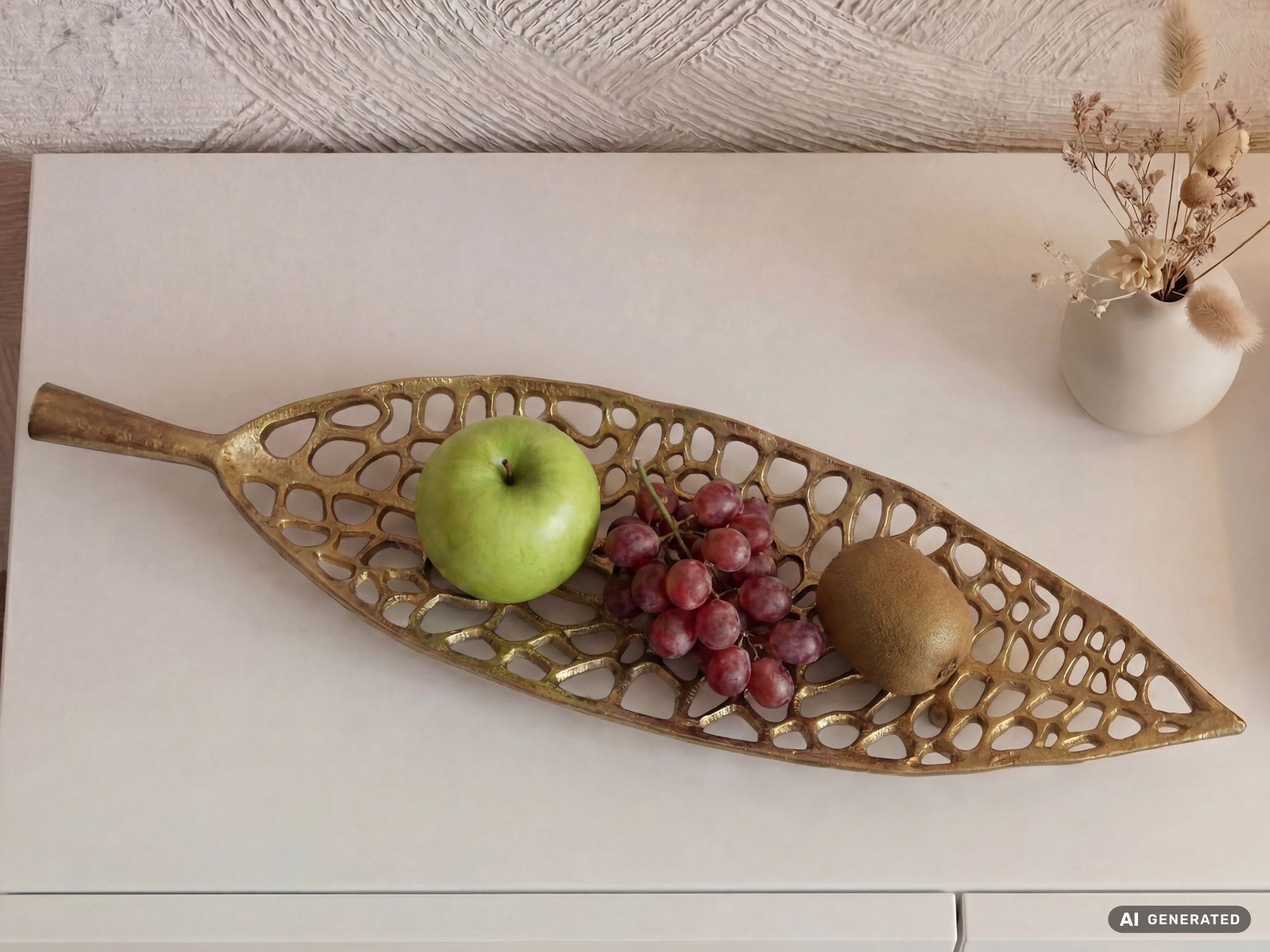 FineBuy Obstschale Blatt Schale Metall 63cm Tischdeko - Moderner Obstkorb Leaf aus Aluminium - Elegante Dekoschale - Alu Früchteschale Handmade | Farbe: Silber