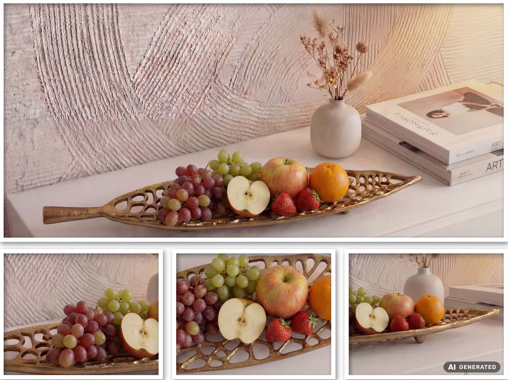 FineBuy Obstschale Blatt Schale Metall 63cm Tischdeko - Moderner Obstkorb Leaf aus Aluminium - Elegante Dekoschale - Alu Früchteschale Handmade | Farbe: Silber