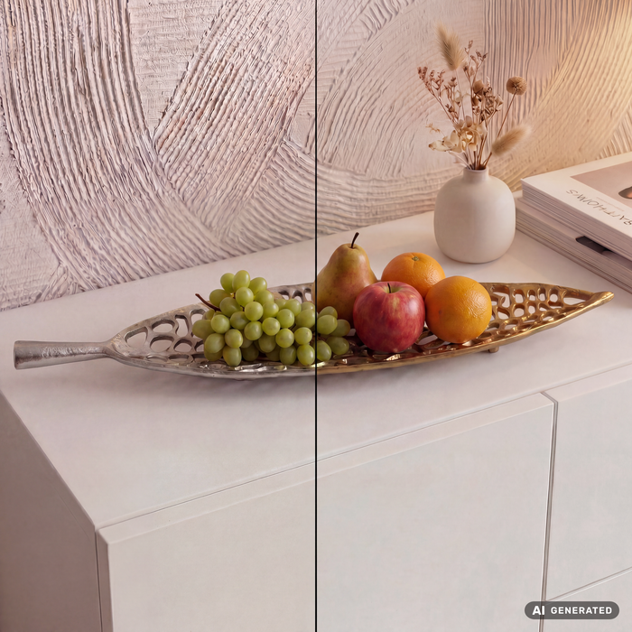 FineBuy Obstschale Blatt Schale Metall 63cm Tischdeko - Moderner Obstkorb Leaf aus Aluminium - Elegante Dekoschale - Alu Früchteschale Handmade