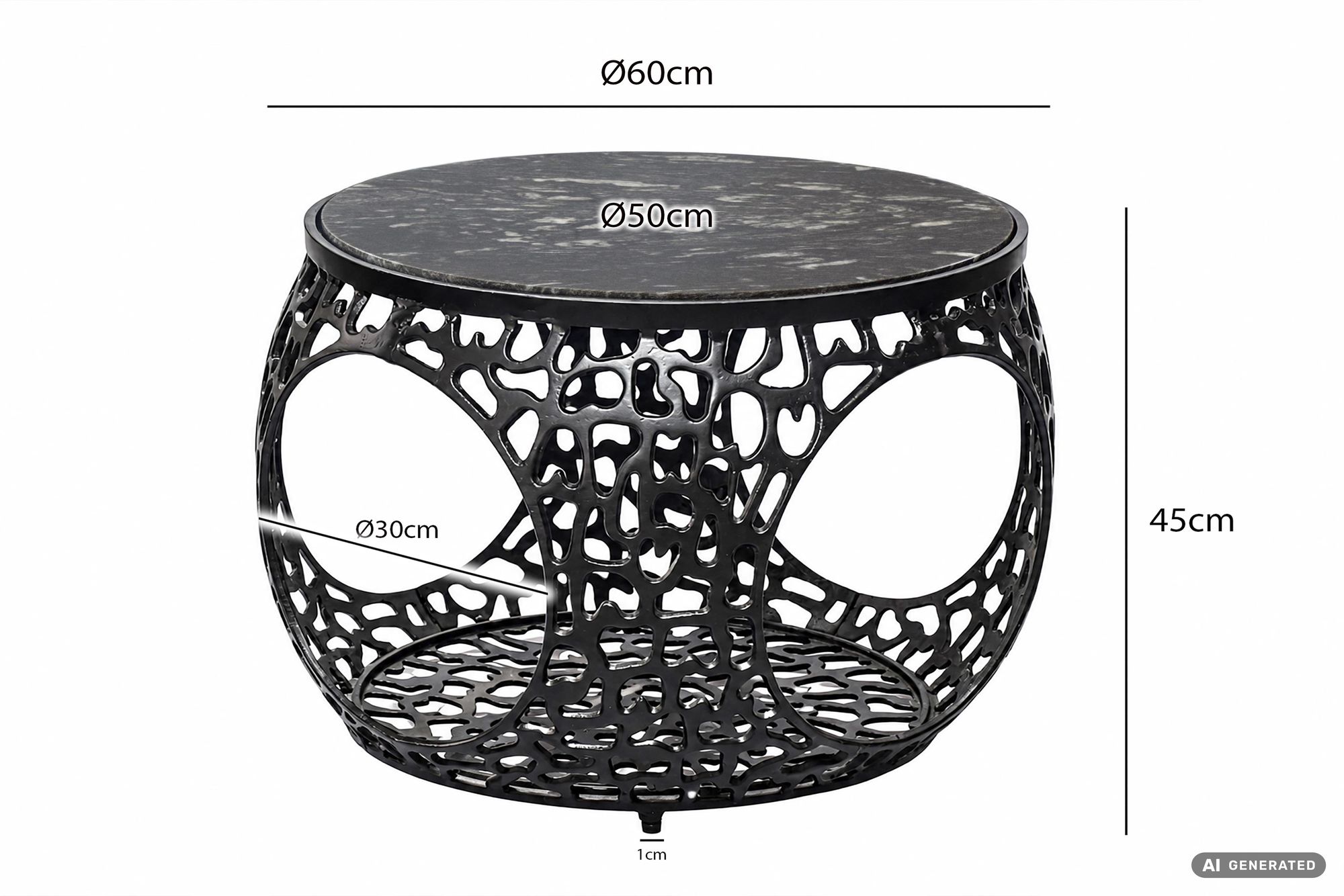 Couchtisch mit Marmor Platte schwarz Wohnzimmertisch Stauraum Metall rund 60cm – Ansicht 3