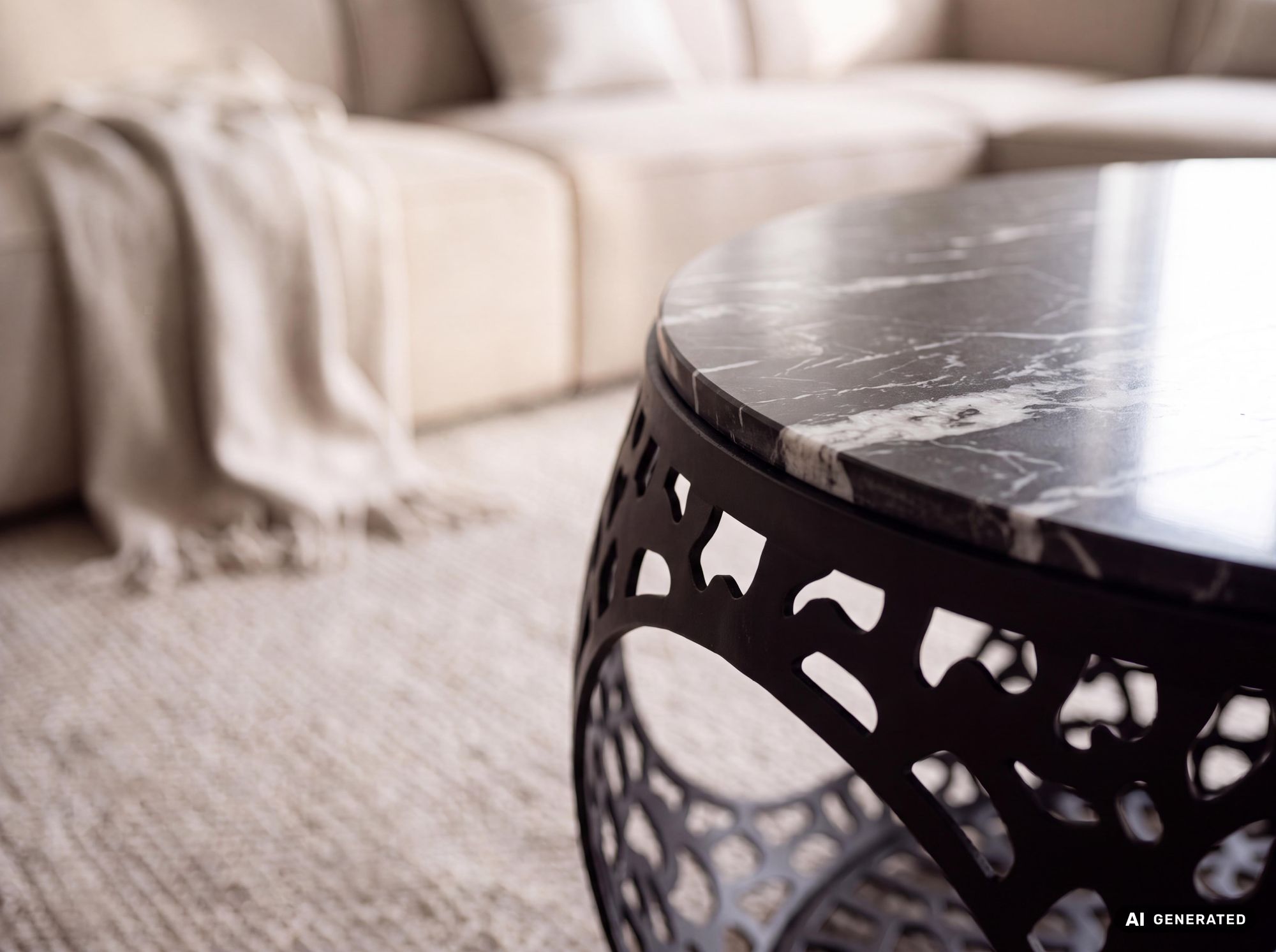 Couchtisch mit Marmor Platte schwarz Wohnzimmertisch Stauraum Metall rund 60cm – Ansicht 4