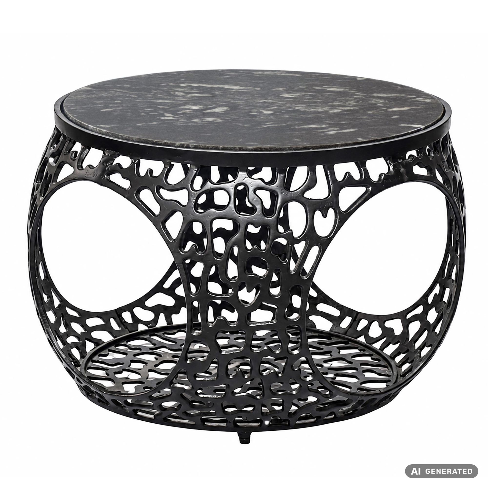 Couchtisch mit Marmor Platte schwarz Wohnzimmertisch Stauraum Metall rund 60cm – Ansicht 6