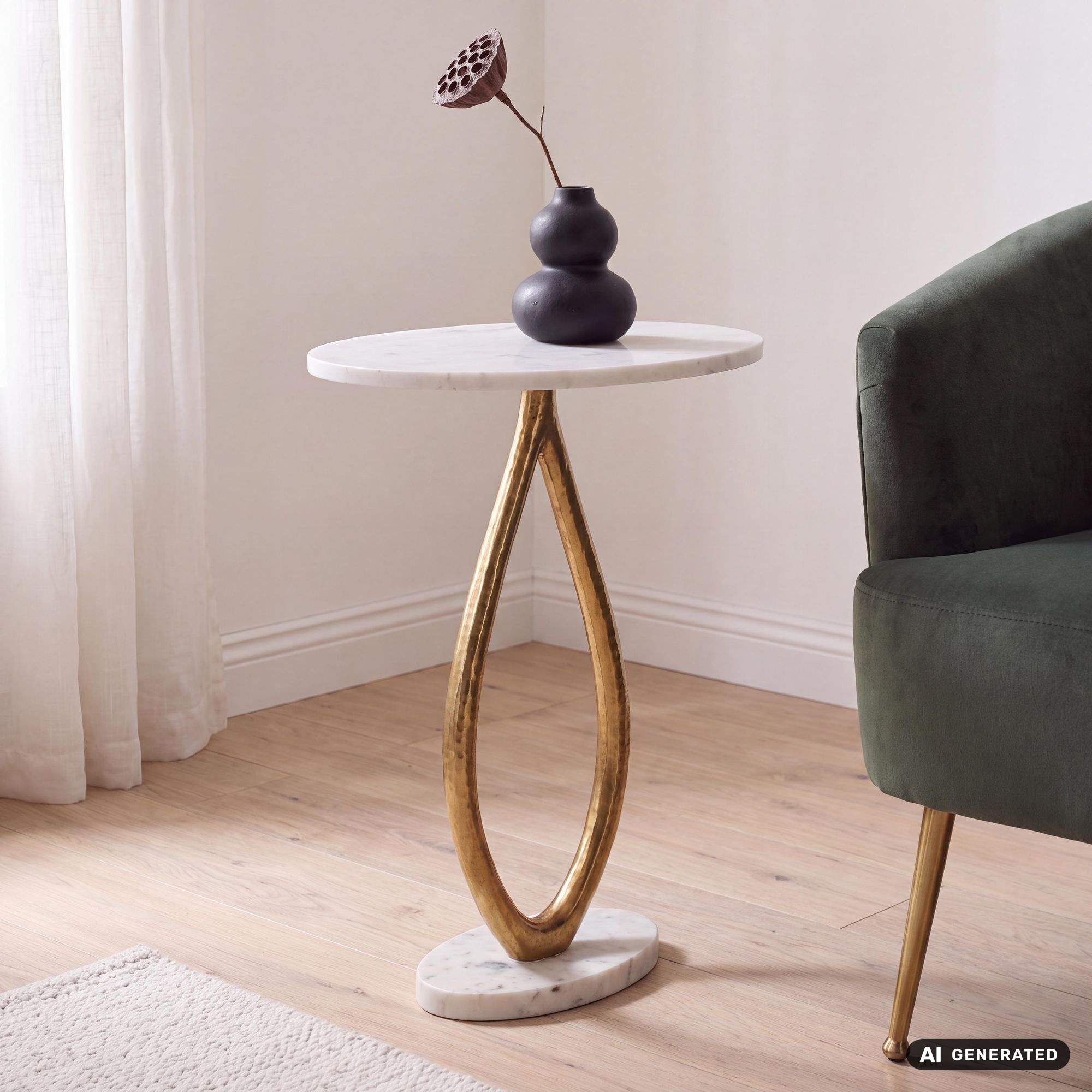 FineBuy Beistelltisch Oval Gold 45cm mit Massiver Marmorplatte Weiß - Wohnzimmertisch Naturstein Anstelltisch - Sofatisch Design Metall Couchtisch - Tisch Modern Handmade