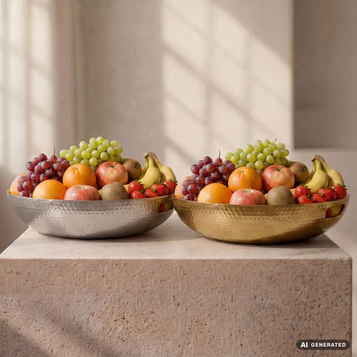 FineBuy Obstschale Rund Schale Metall 38cm Tischdeko - Moderner Obstkorb Hammerschlag aus Aluminium - Elegante Dekoschale mit Griffen - Alu Früchteschale Handmade