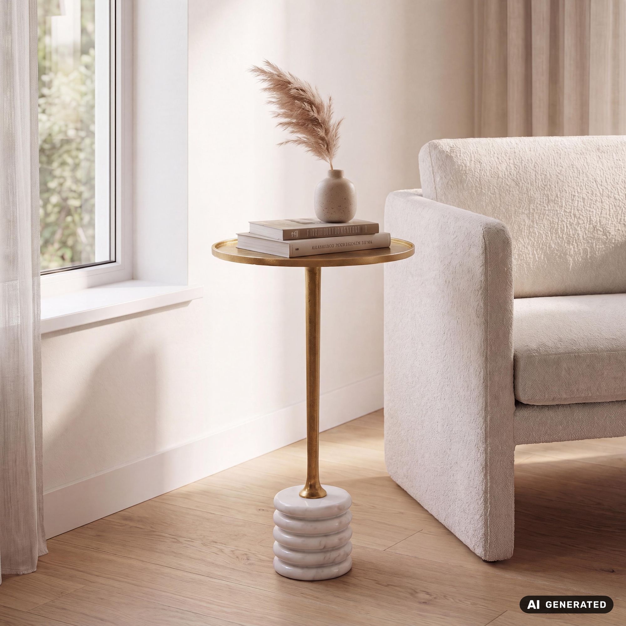 FineBuy Beistelltisch 30cm Aluminium Marmor Gold Weiß - Runder Säulentisch mit Sockel aus echtem Naturstein - Kleiner Sofatisch Getränketisch Metall - Couchtisch für dein Wohnzimmer Handgefertigt