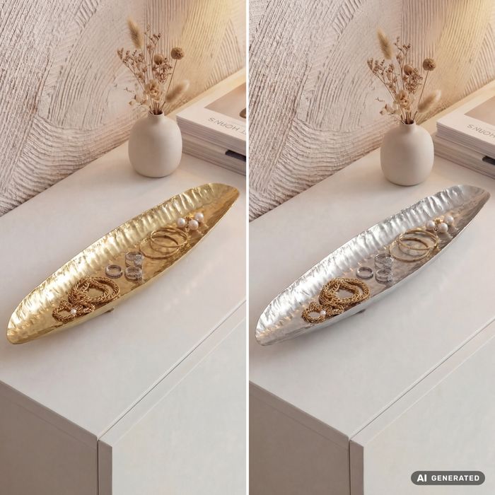 FineBuy Dekoschale Oval Aluminium Schale 65,5cm - Design Tischdeko Metall Wohnzimmer - Alu Wohnaccessoire Modern mit Beinen - Metallschale Dekoration - Aluschale lang schmal Handmade