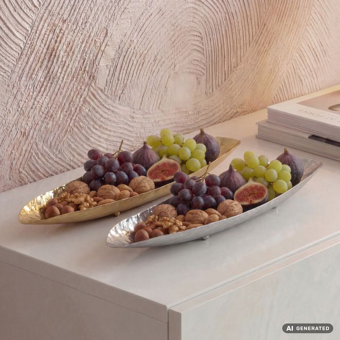 FineBuy Obstschale Oval Schale 65,5cm Tischdeko länglich - Moderne Metallschale mit Fuß - Elegante Aluschale in Bootform - Früchteschale Handmade