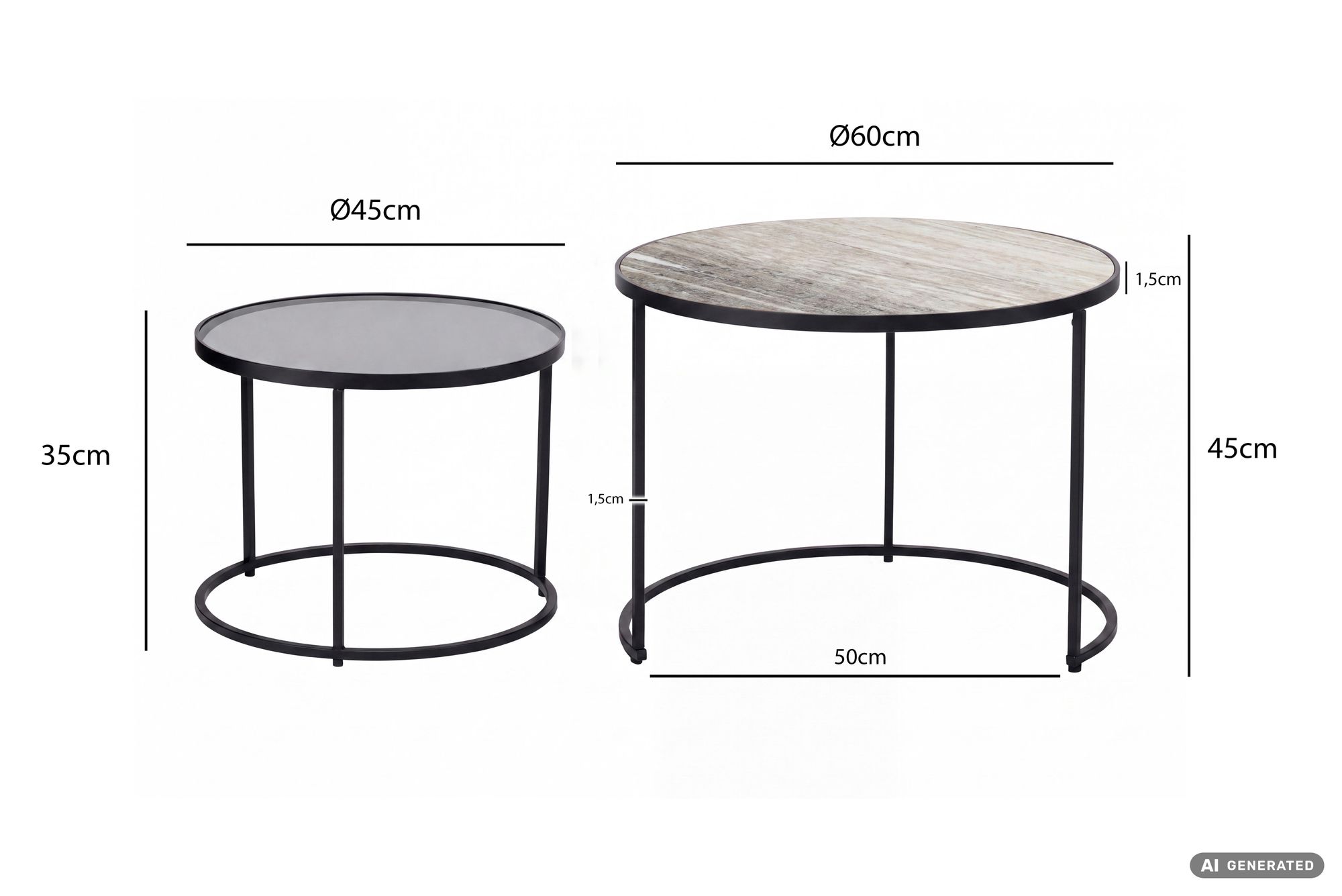 2er Set Couchtisch Marmor Glas rund Wohnzimmertisch Beistelltisch Satztisch – Ansicht 3